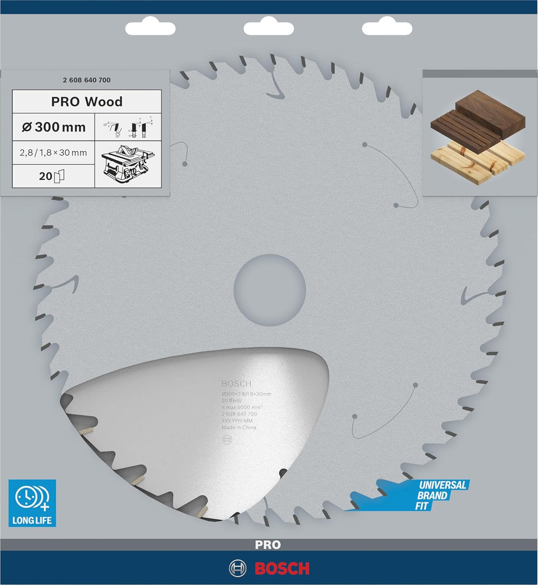 Bosch 1x PRO Wood Longlife Kreissägeblatt für Netz-Tischkreissägen (für Weichholz, Hartholz, Ø mm, P