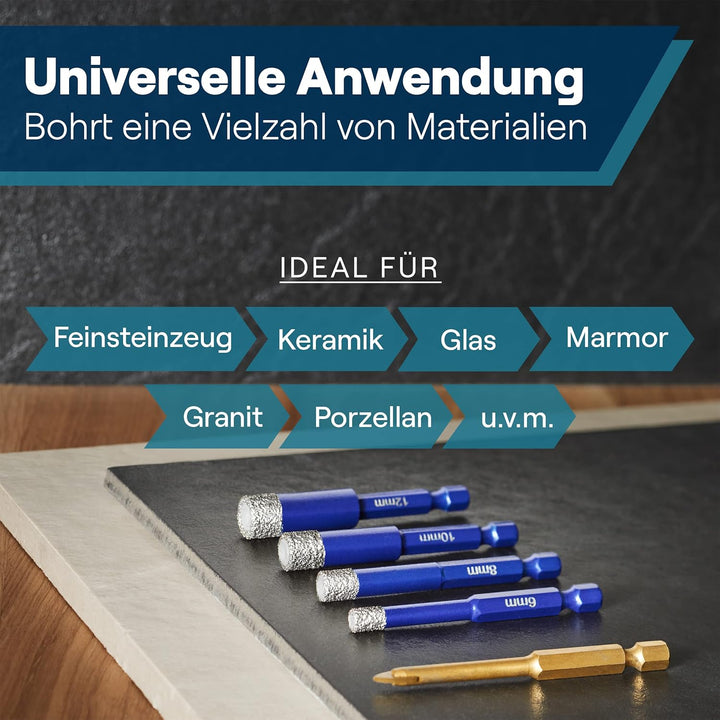WERKSTEIN Fliesenbohrer Set - 6I8I10I12mm Glasbohrer & 6mm Karbid-Anbohrer - Diamantbohrer zum Bohre