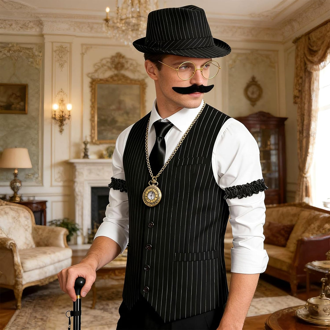 11 Stück 1920er Jahre Herren Gatsby Kostüm Set Weste, Beret, Krücke, Brille, Ärmelstülpe, Hosenträge