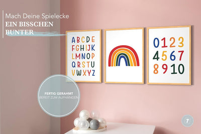 Papierschmiede® Kinderbilder 3er Set Lernposter, A3 gerahmt in Holzrahmen (Natur), Geschenk für Mädc