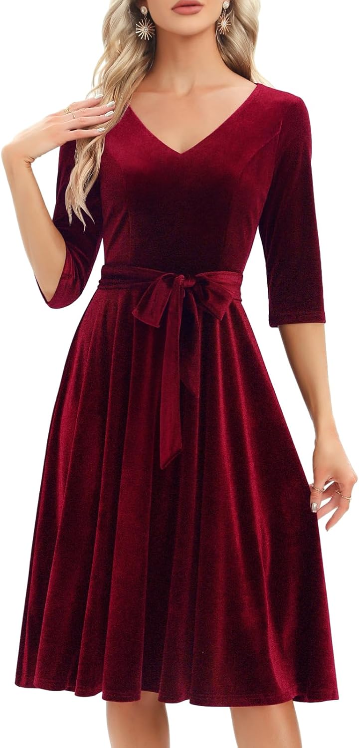 Bbonlinedress Rockabilly Kleider Damen 3/4 arm V-Ausschnitt Midi Langarm Festliche Kleider für Hochz