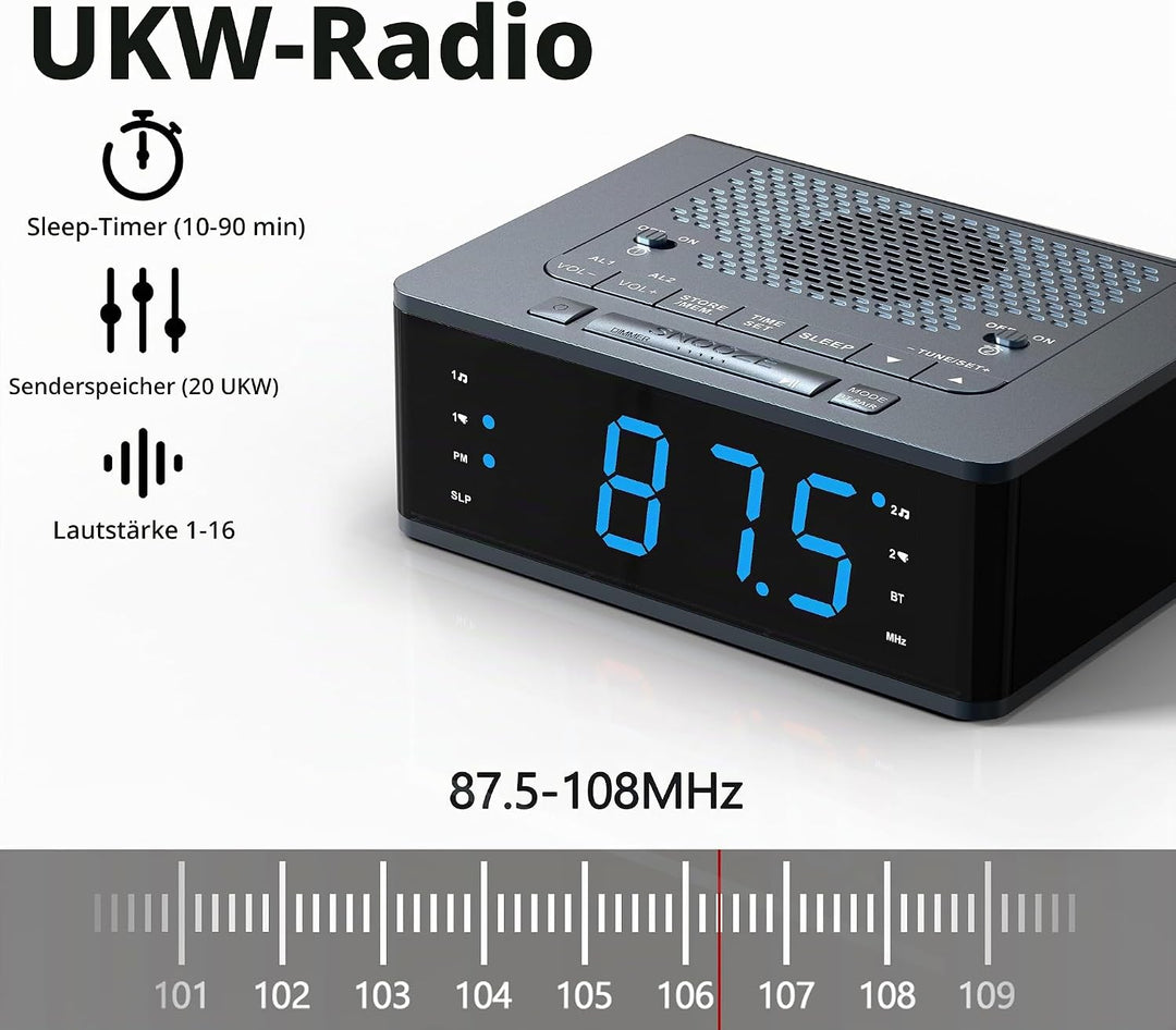 iTOMA Wecker für Schlafzimmer mit FM Radio, Bluetooth, Dimmbare LED Anzeige, Schlaf Timer, Einstellb