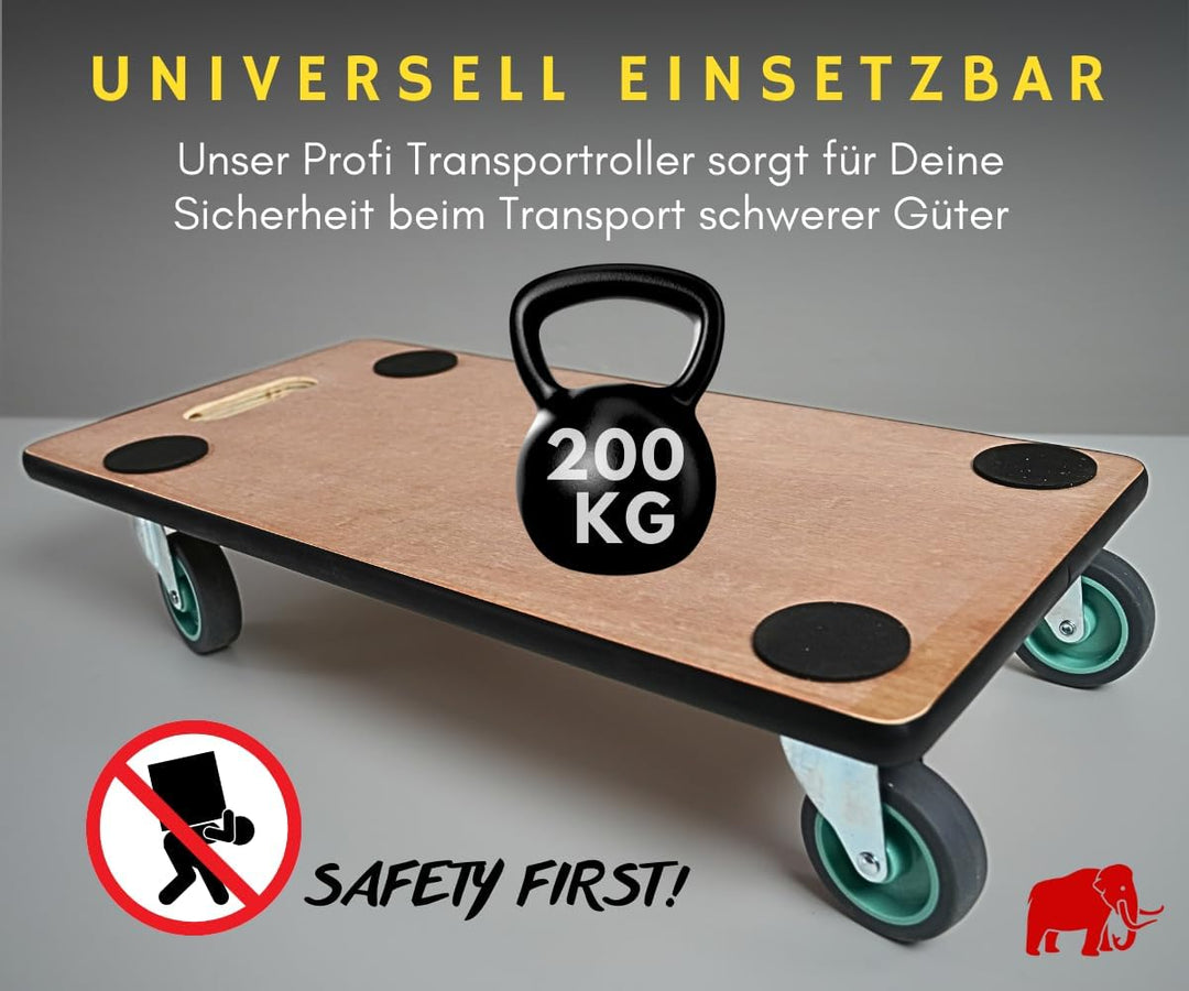 PROREGAL Profi Transportroller Hercules 30x60 cm Schwerlast bis 200 kg mit 4 Gummirollen &amp; Griff, Sp