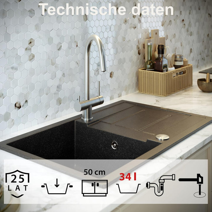 QUADRON Granitspüle Spülbecken | Grösse 78 x 50 x 22 cm, Farbe: Grau | MORGAN 111 Küchenspüle Granit
