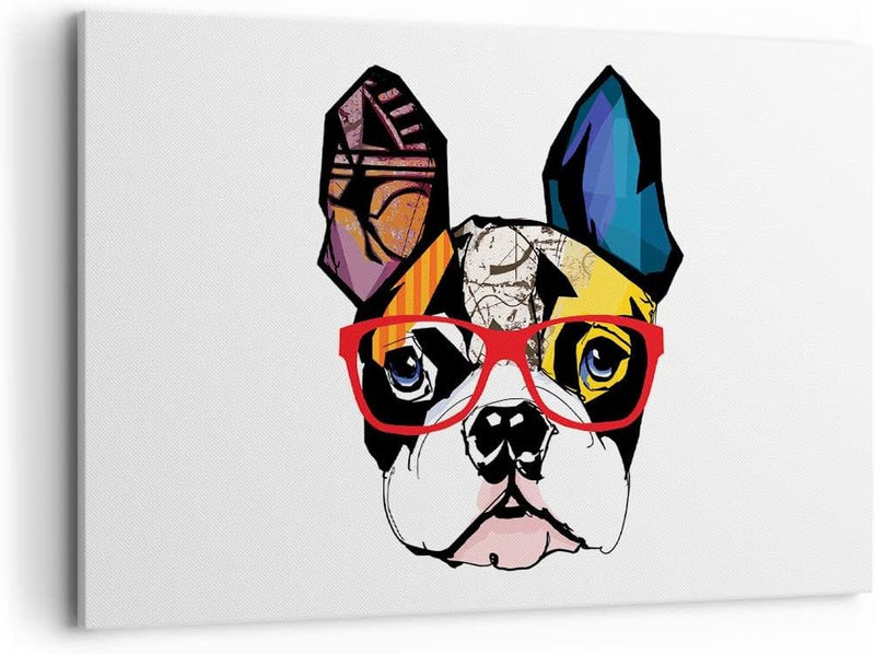 Bilder auf Leinwand 100x70cm Leinwandbild Hund Brille Bunt Bulldogge Gross Wanddeko Bild Schlafzimme