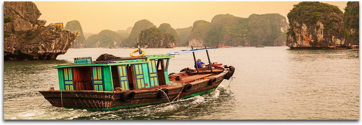 Boot Halong Bay Vietnam 150x50cm Breitbild als Panorama auf Leinwand und Keilrahmen fertig zum aufhä