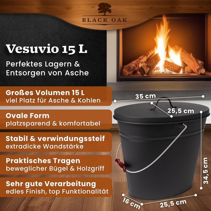 BLACK OAK Ascheeimer Vesuvio 15L – schwarz oval mit Deckel - gross 15 Liter - Stahl feuerfest verzin