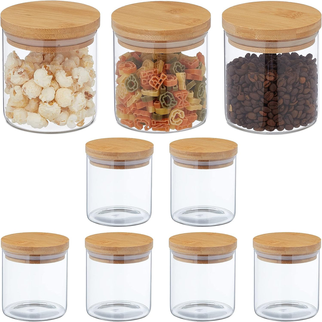 Relaxdays Vorratsgläser mit Bambusdeckel, 9er Set, kleine Vorratsdosen aus Glas, 500 ml, luftdicht,