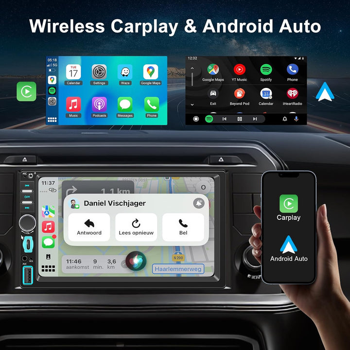 Single DIN Autoradio mit Bildschirm, Wireless CarPlay & Android Auto, 7 Zoll Touchscreen Auto Radio,