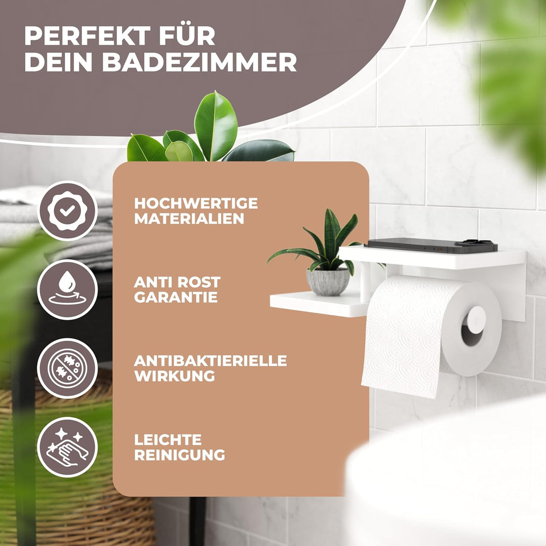 Toilettenpapierhalter Holz Bambus komplett weiss [KLEBEN oder Bohren] | hochwertiger Klopapierhalter