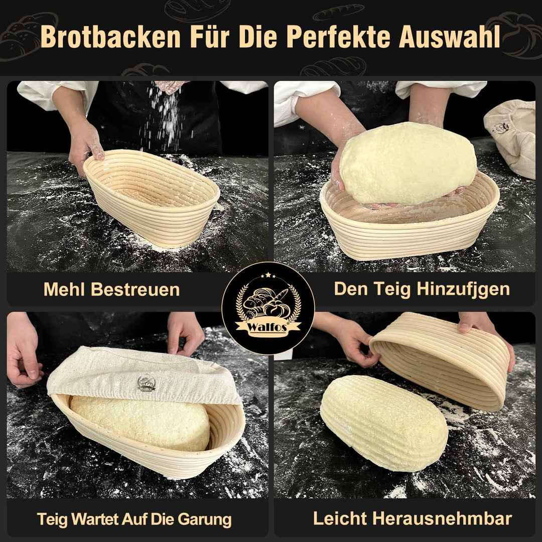 Walfos® Gärkorb Oval Banneton Gärkörbe zum Brotbacken Set, inklusive 100% natürlichem Rattan, Pinsel