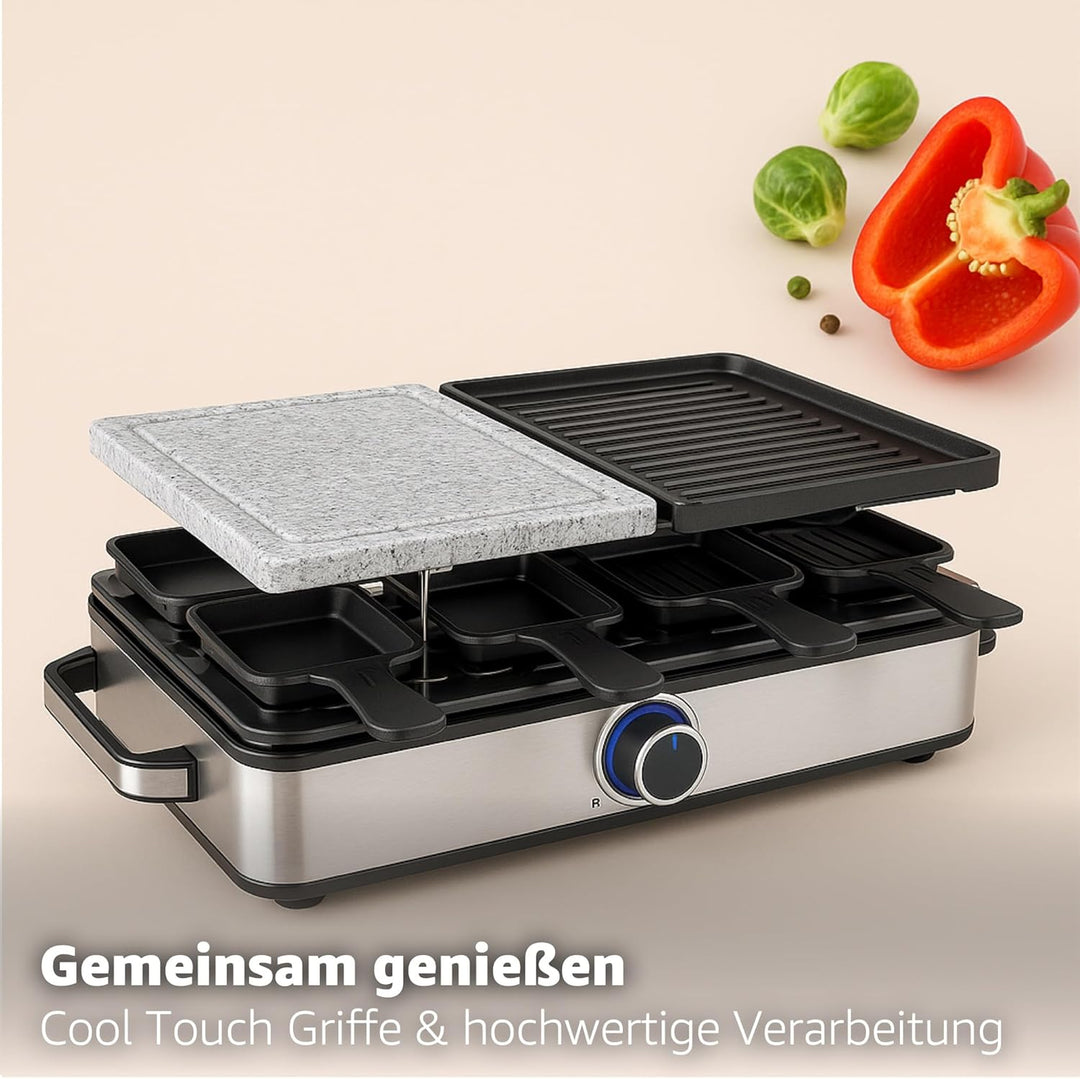 Raclette Set für 8 Personen mit heisser Steinplatte mit Pfannen und Schaber - rostfrei und verstellb