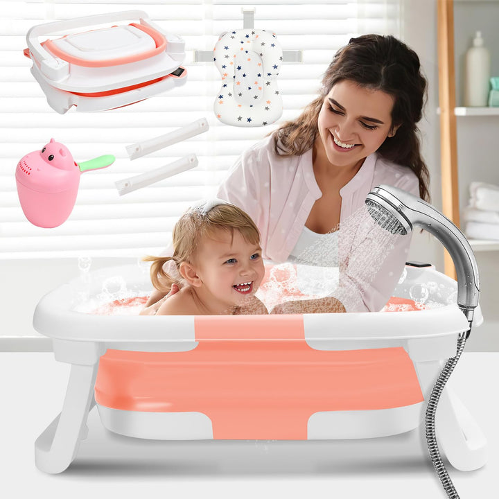 Babywanne faltbar Babybadewanne Baby Wanne platzsparend, doppelt klappbare Badewanne mit Badekissen,