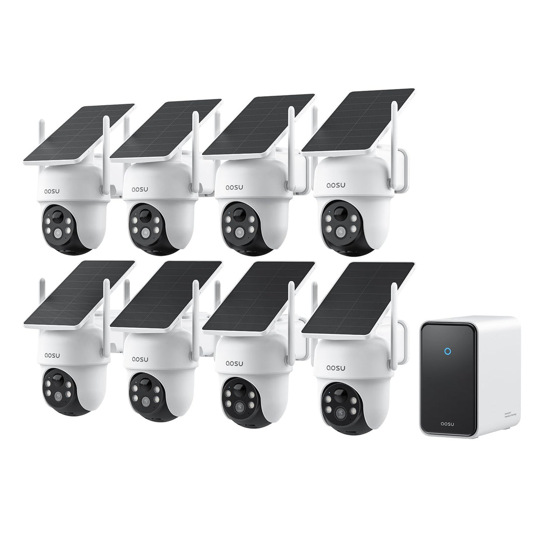 aosu 3K Überwachungskamera Aussen Solar Akku, 8 Cam-Kit & aosuCortex, Kein ABO, 5MP UHD, 32GB Lokal