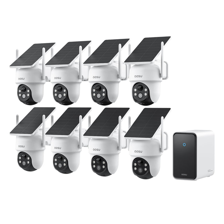 aosu 3K Überwachungskamera Aussen Solar Akku, 8 Cam-Kit & aosuCortex, Kein ABO, 5MP UHD, 32GB Lokal