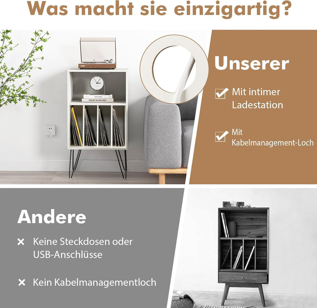 COSTWAY Plattenspieler-Ständer mit Ladestation, 3-stufiger Schallplattenständer, Vinylplatten Aufbew