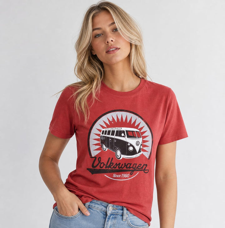BRISA VW Collection - Volkswagen T-Shirt Unisex-Kurzarm &amp; Rundkragen mit T1 Bulli Bus Motiv aus Baum