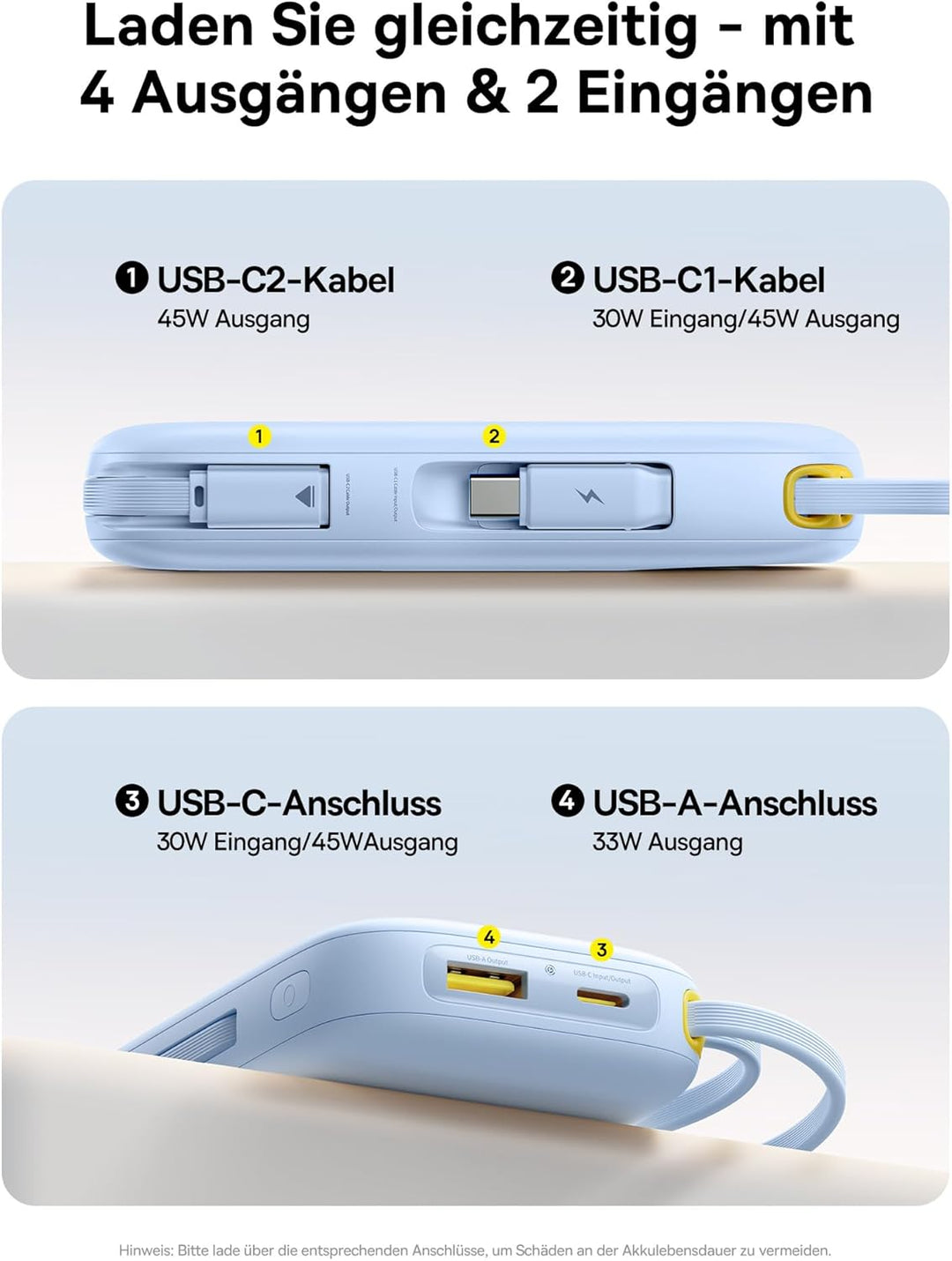 Baseus Powerbank 20000mAh 45W mit integriertem USB-C Kabel, QPow3 Power Bank PD3.0 QC4.0 Externe Han
