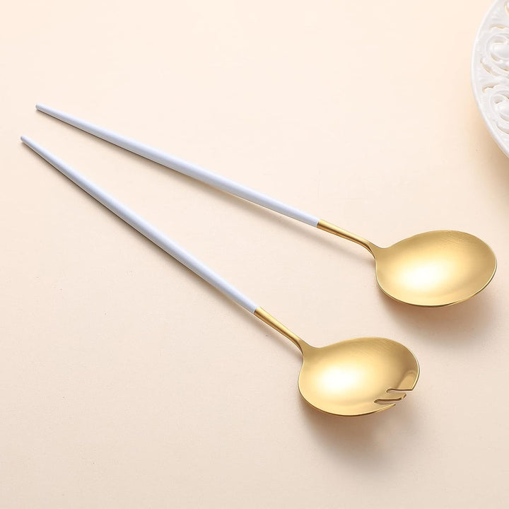 Salatbesteck, Löffel und Gabel, 29 cm, 18/10 Edelstahl, Titanbeschichtung (Weissgold) Weiss/Gold, We