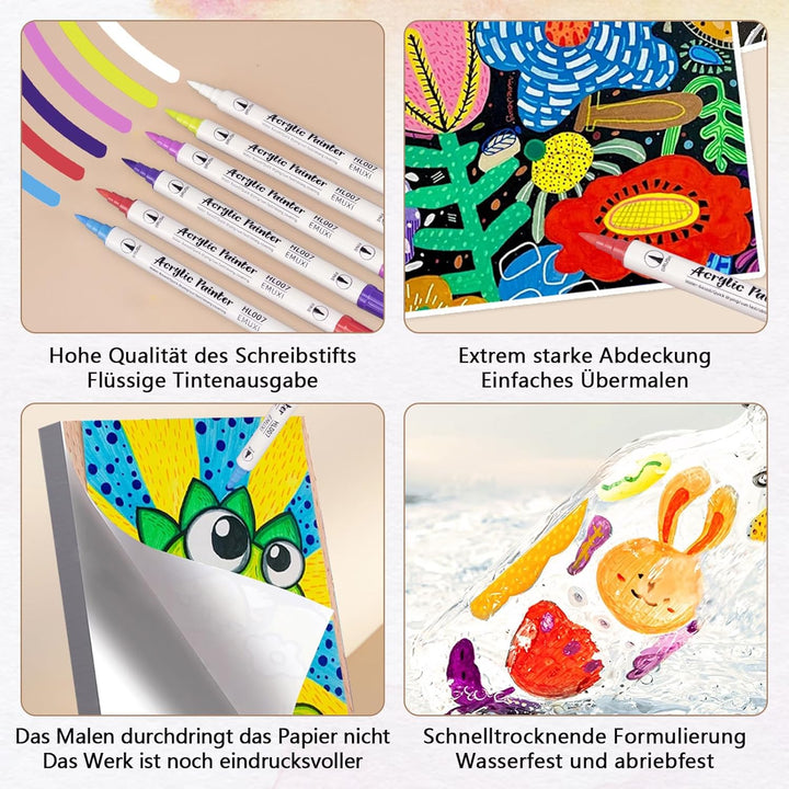 60 Farben Acrylstifte Set mit Doppelspitze (Feiner Spitze und Pinsel), Acrylstifte für Steine Wasser