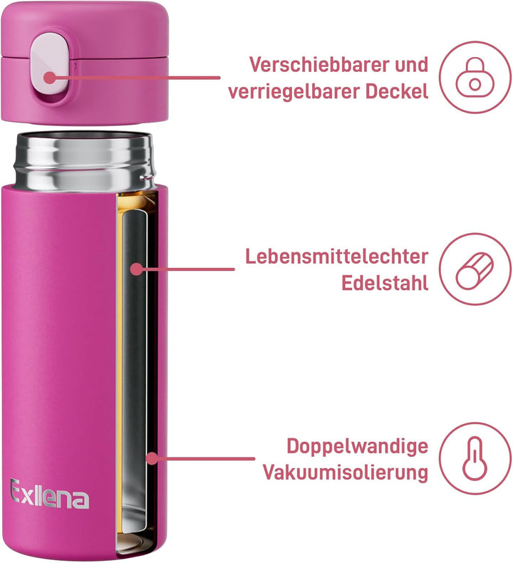 Exllena Kleine Thermosflasche 380ml mit Einhand-Flip-Deckel - Mini Thermosflasche aus Edelstahl, 100