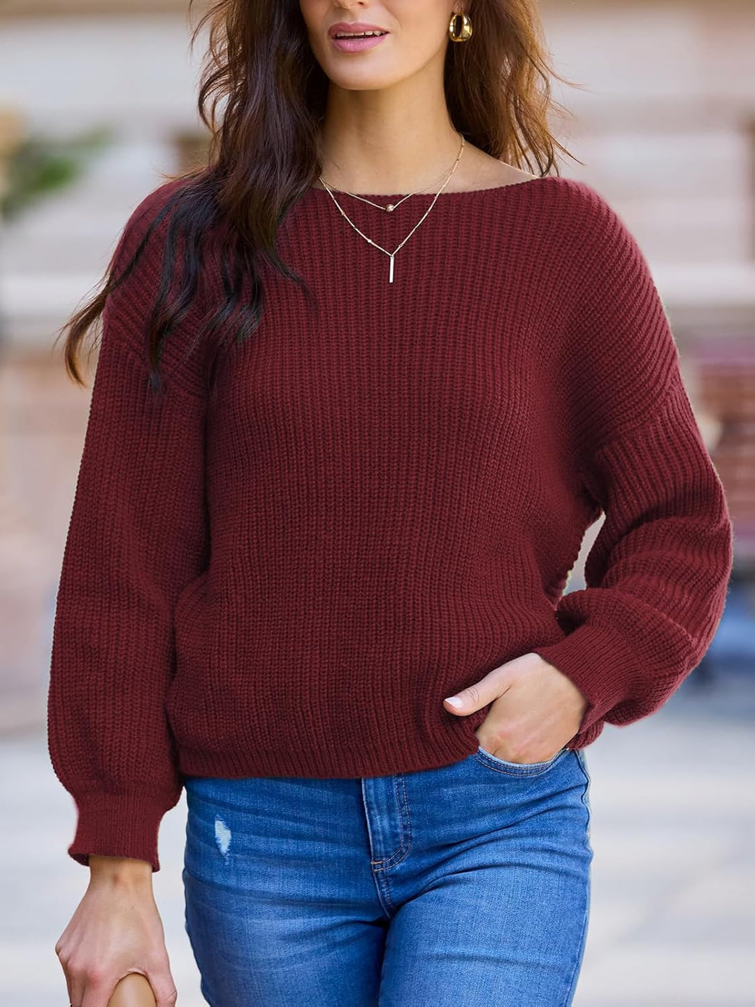 CUPSHE Damen Strickpullover Rundhals Langarm Twisted Rückenfrei Fledermausärmel Rippenstrick Pulli O