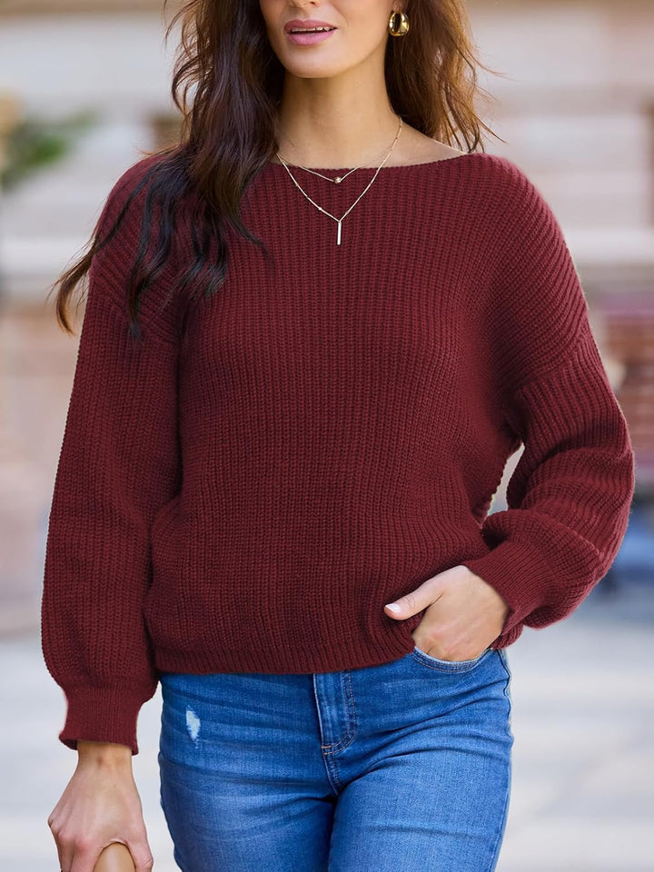 CUPSHE Damen Strickpullover Rundhals Langarm Twisted Rückenfrei Fledermausärmel Rippenstrick Pulli O