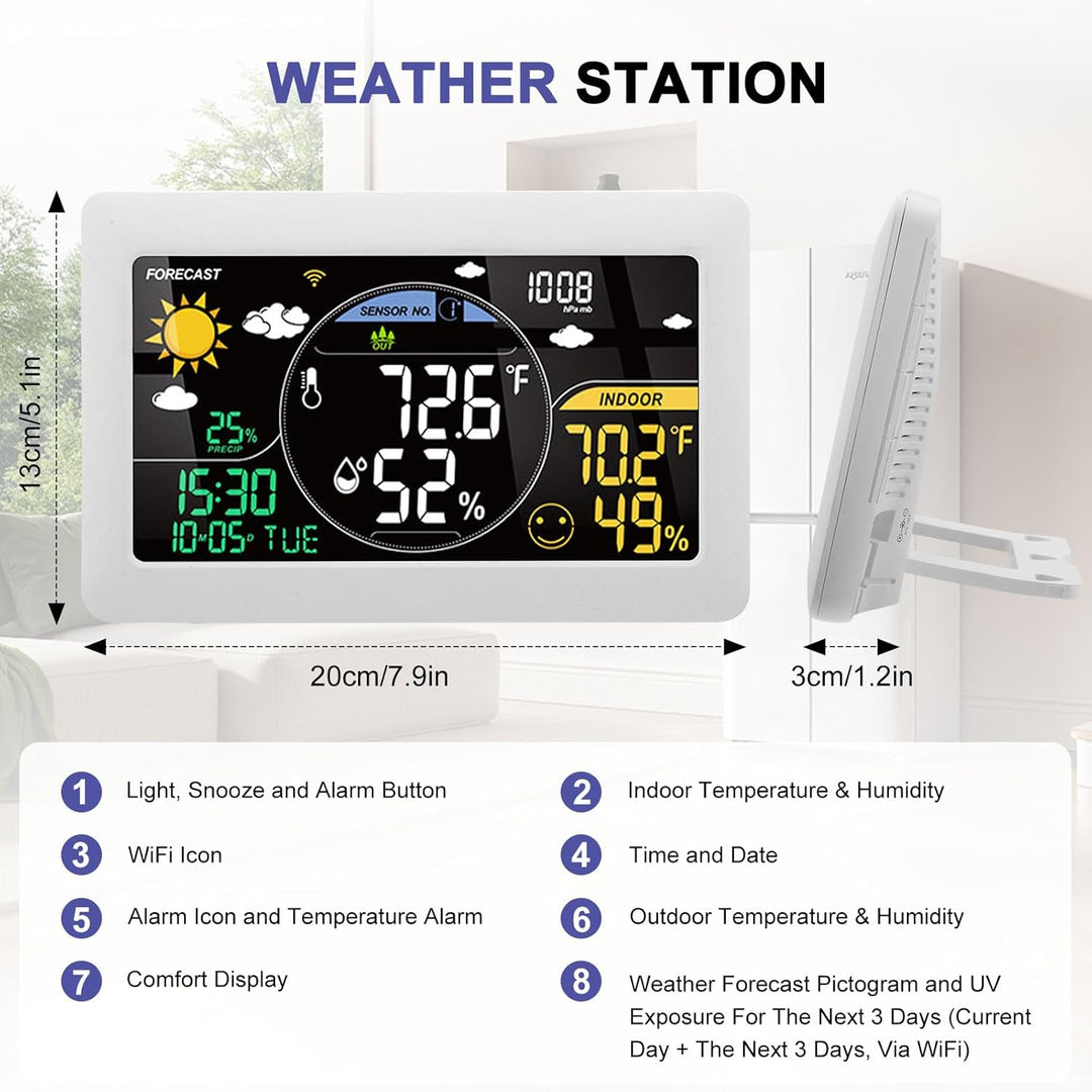 7.9" Wetterstation Funk mit Aussensensor VA-Display DCF Funkuhr, 20CM Grösse Farbdisplay mit Innen u