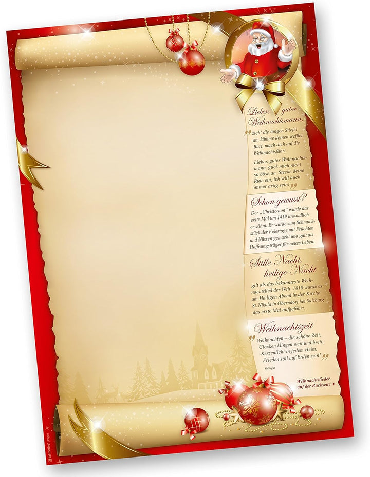 Weihnachtsbriefpapier Set SANTA CLAUS beidseitig (25 Sets ohne Fenster) Briefpapier mit Weihnachtsli