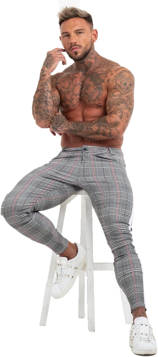 GINGTTO Herren Chino Hose Skinny Stretch Chinohose Karo Slim fit Stoffhose Check Tapered Casual Pant