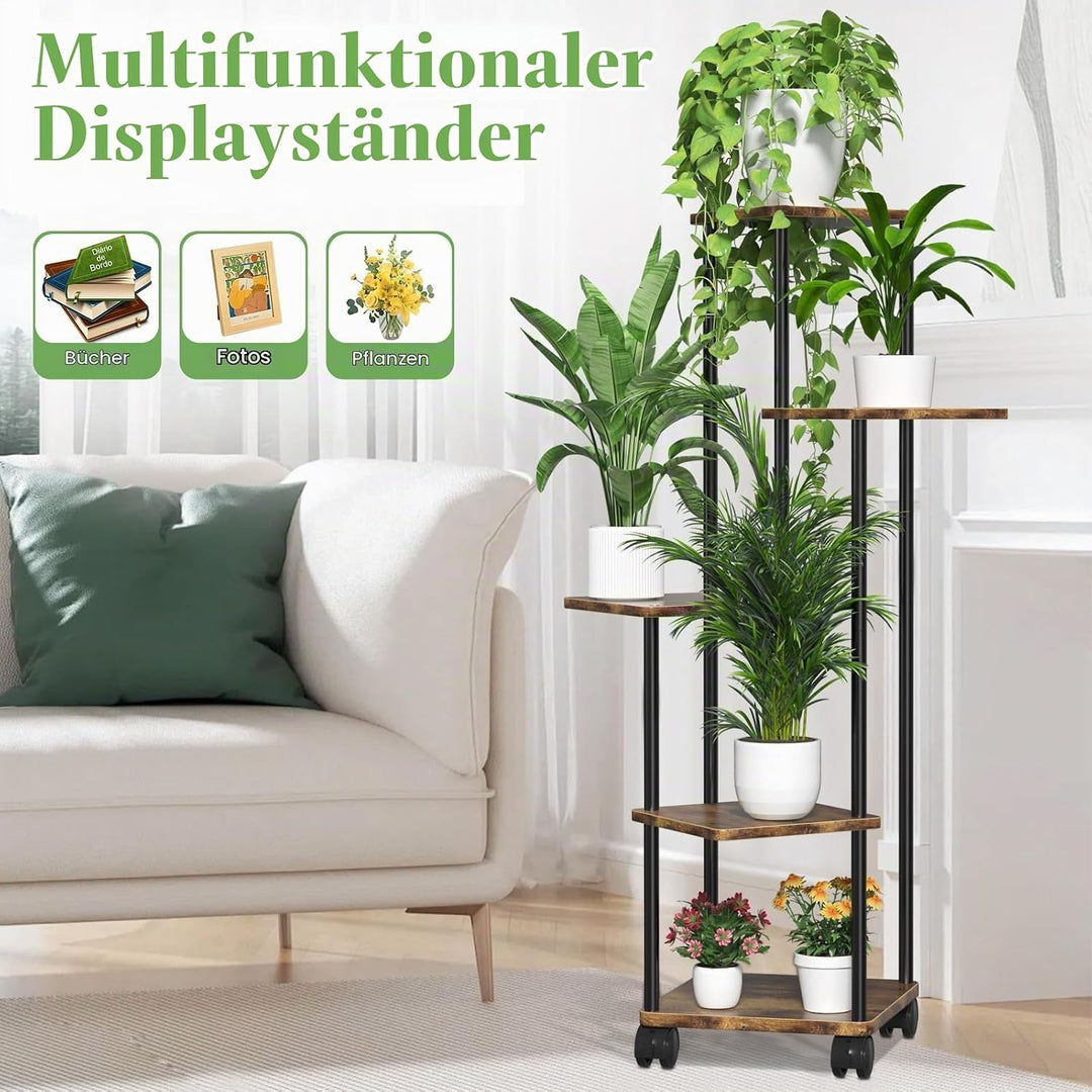 Blumenständer Pflanzenständer 5 Tier Holz, Pflanzenregal Mit Abnehmbaren Rollen, Modernes Blumenrega