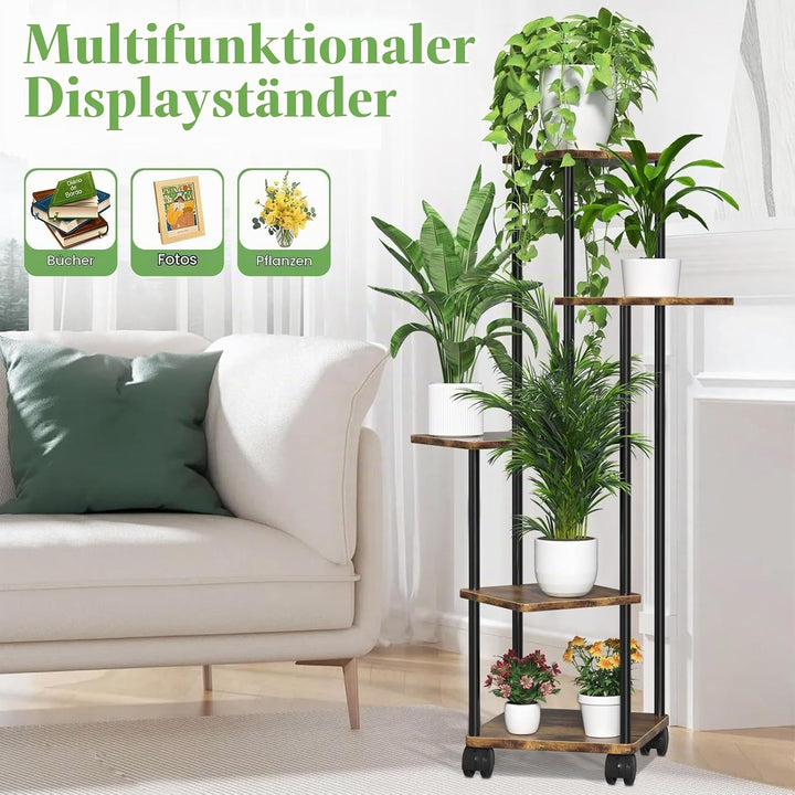Blumenständer Pflanzenständer 5 Tier Holz, Pflanzenregal Mit Abnehmbaren Rollen, Modernes Blumenrega