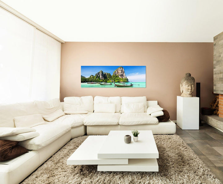 Paul Sinus Art Panoramabild auf Leinwand und Keilrahmen 150x50cm Thailand Meer Strand Felsen Boote