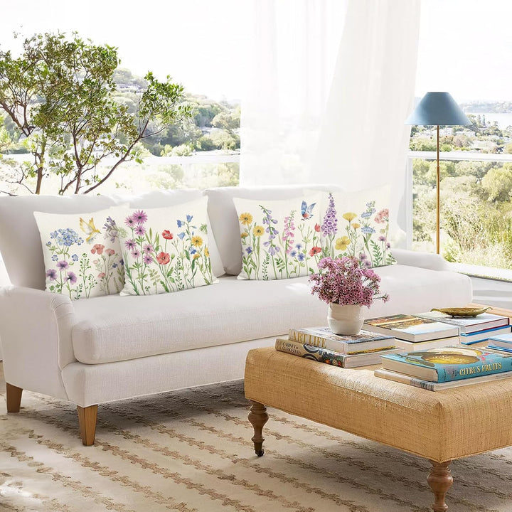 Bonhause 4er Set Kissenbezüge Blumen Garten 45 x 45 cm Frühling Blume Vögel Polyester Leinen Dekorat