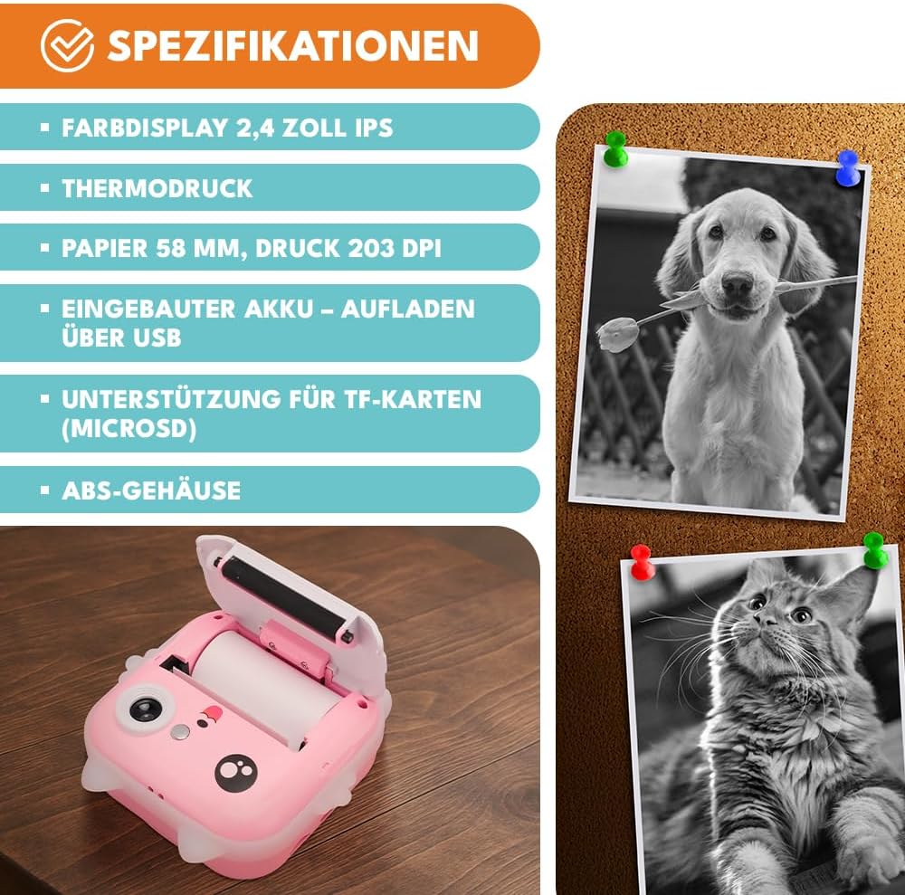 Mini Sofortbildkamera mit Drucker für Kinder – 2in1 Digitalkamera & Fotodrucker - Bluetooth, Spiele,