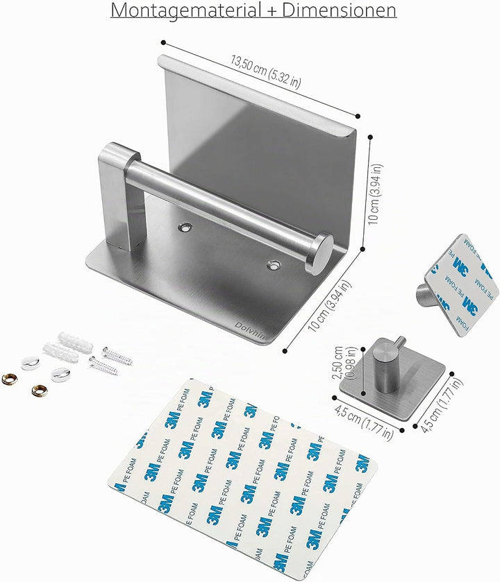 Klopapierhalter ohne Bohren inkl. 2 Handtuchhaken | Toilettenpapierhalter mit Ablage | Klorollenhalt