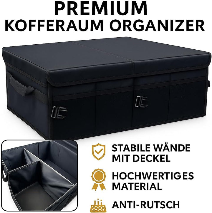 Kofferraum Organizer mit Deckel – grosse Auto Aufbewahrungsbox faltbar mit Fächern & Seitentaschen –