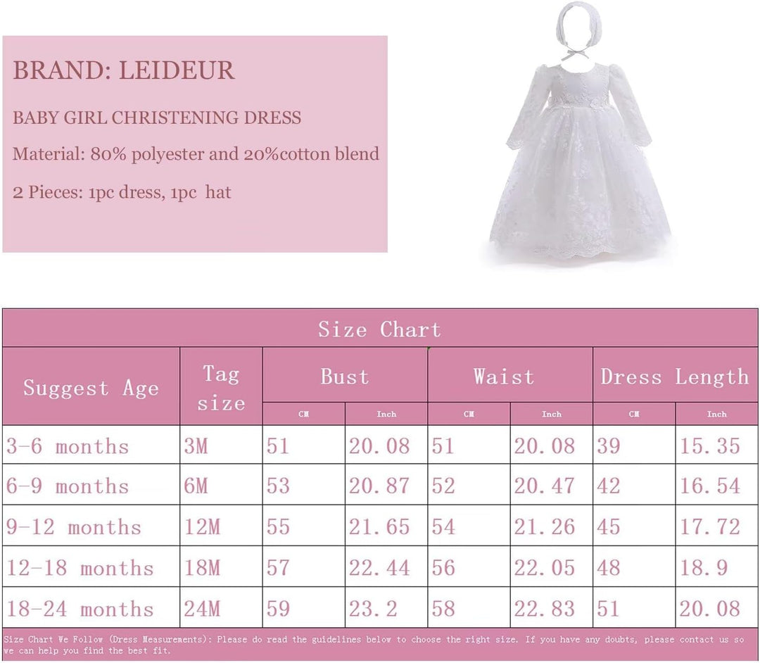 Leideur Baby Mädchen Taufe Kleid Lange Segenskleider Weiss Formale Brautkleider für Neugeborene, 3-6