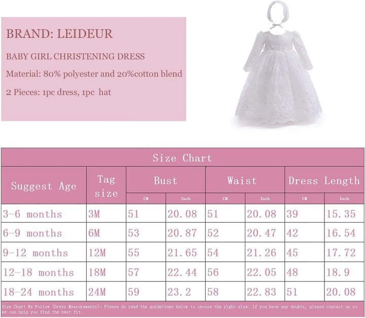 Leideur Baby Mädchen Taufe Kleid Lange Segenskleider Weiss Formale Brautkleider für Neugeborene, 3-6