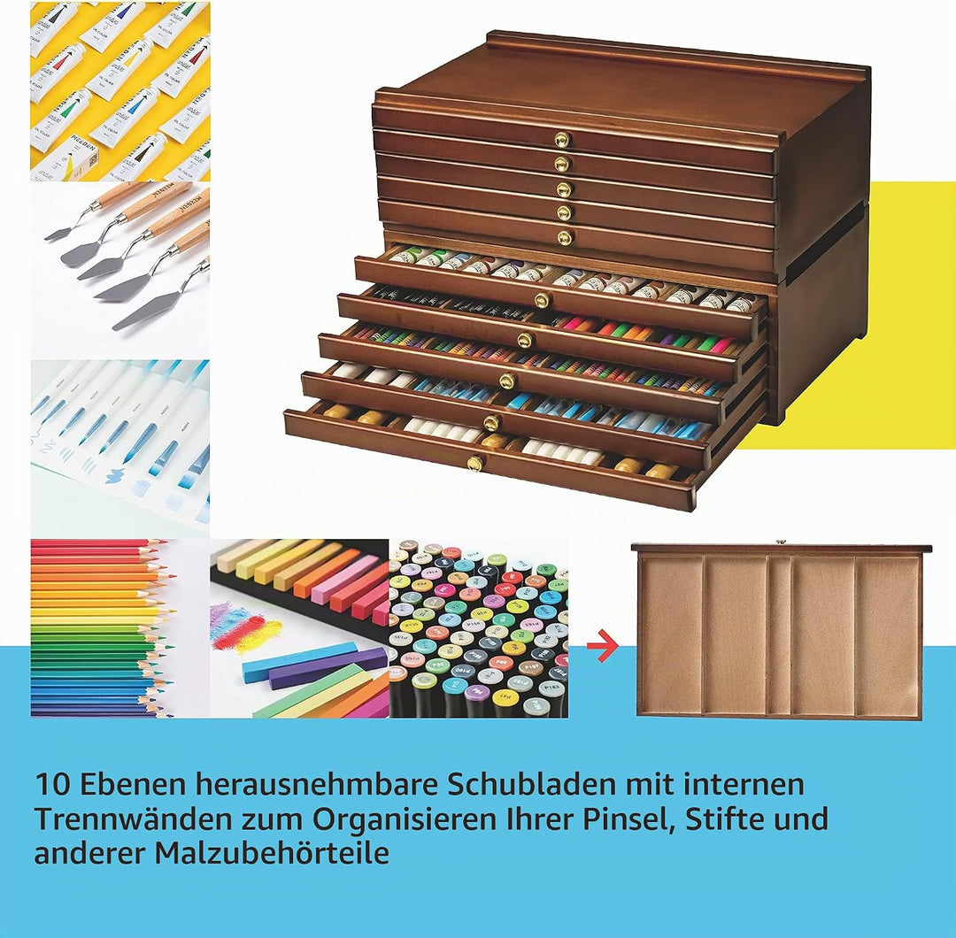 MEEDEN Holz Staffelei Walnuss mit 10 Schubladen -Grosse Bleistiftbox aus Buchenholz mit Schubladen u