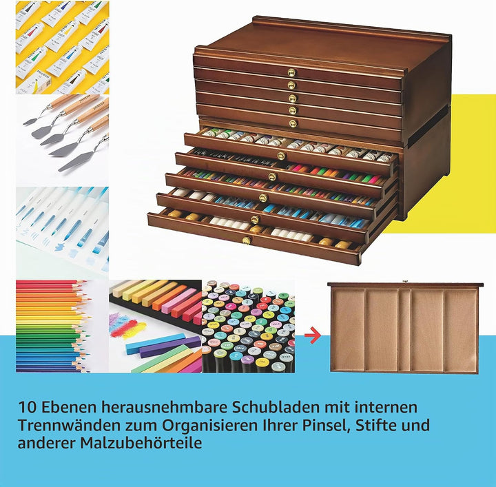 MEEDEN Holz Staffelei Walnuss mit 10 Schubladen -Grosse Bleistiftbox aus Buchenholz mit Schubladen u