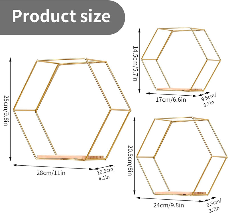 Hexagon Wandregal Metall 3er Set, Gold Deko Hängeregal Loft Wandregale, Wand Regal für Wanddeko in W