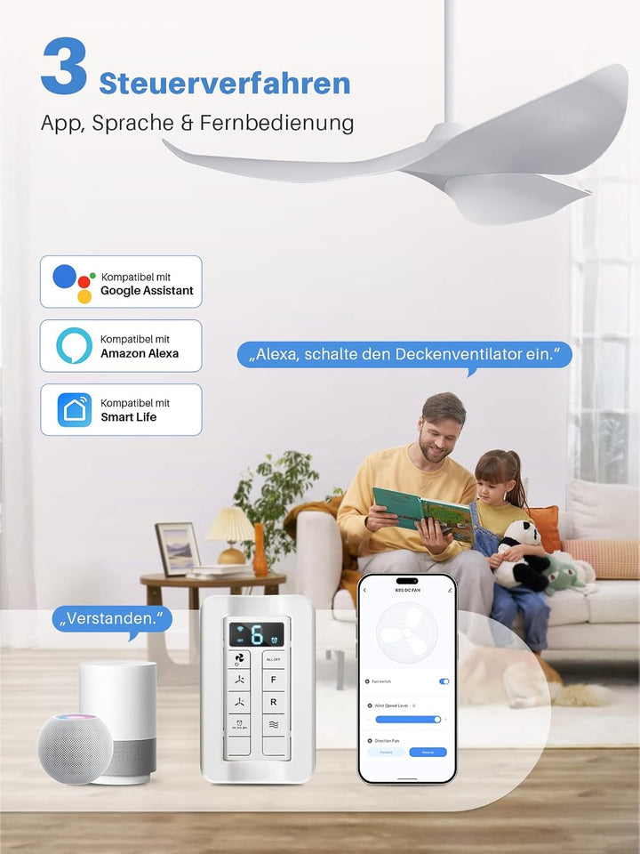 Sofucor Smart Deckenventilator mit Fernbedienung, 132cm Leise Deckenventilator mit Alexa/APP, DC Mot