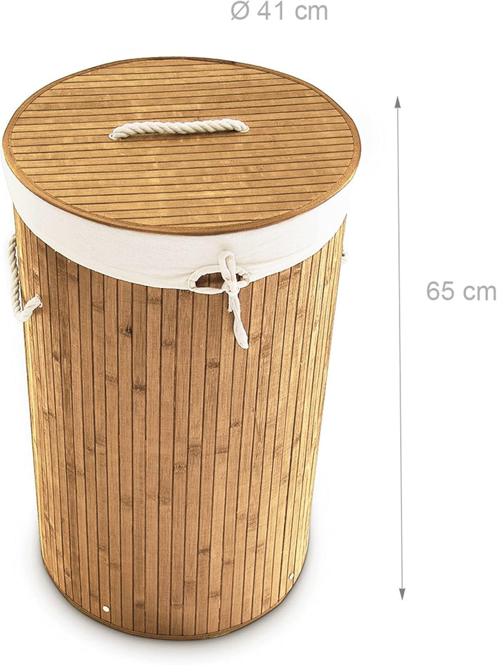 Relaxdays Wäschekorb Bambus, Faltbare Wäschetonne mit Deckel, Volumen 70l, Wäschesack Baumwolle, run