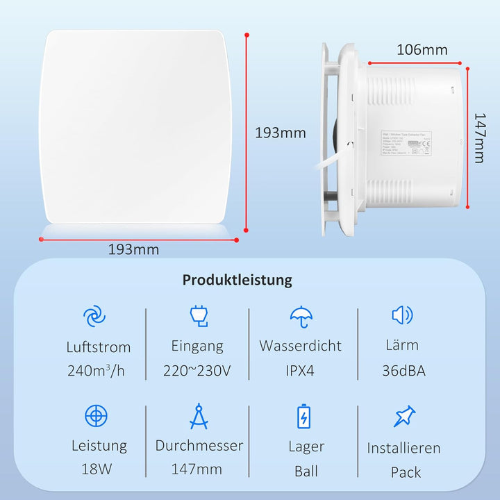 Moonjor 150mm Abluftventilator Küche, 240m³/h IPX2 Leiser Badlüfter Fensterlüfter mit Scheckventil 1