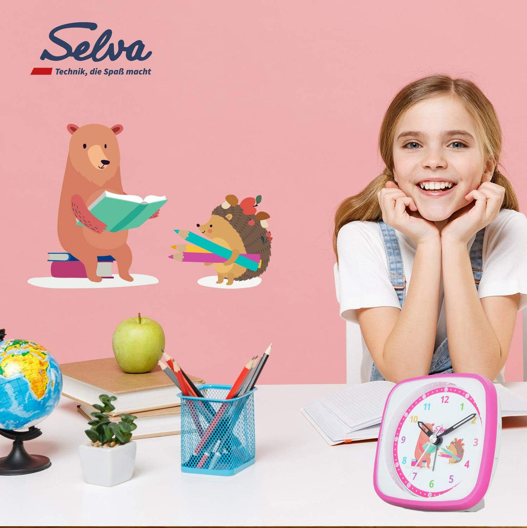 SELVA Quarzwecker für die Einschulung mit Igel und Bär Motiv pink/Weiss. Schleichende Sekunde lautlo