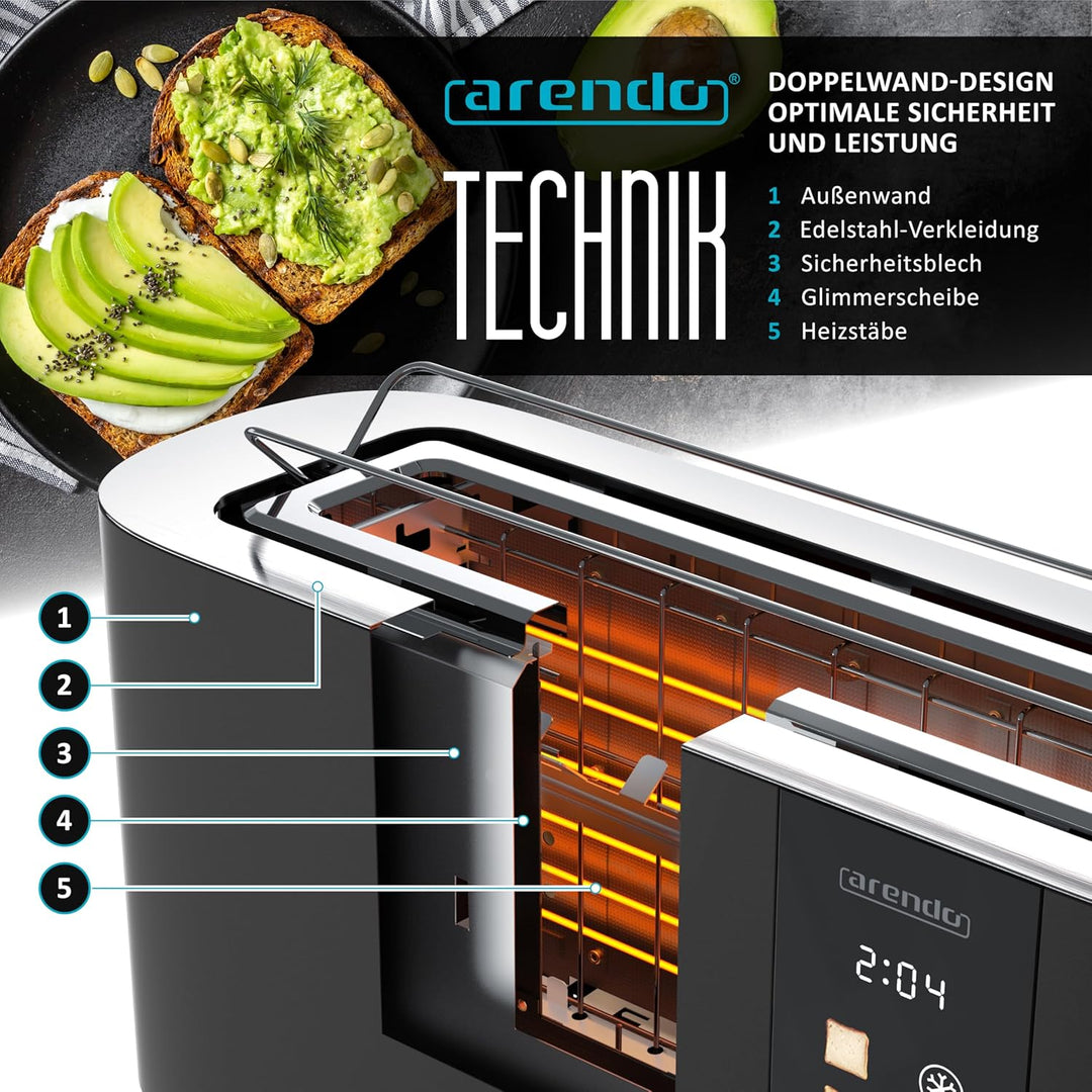 Arendo - Edelstahl Toaster 2 Scheiben Langschlitz - Touchscreen – Doppelwandgehäuse – Integrierter B