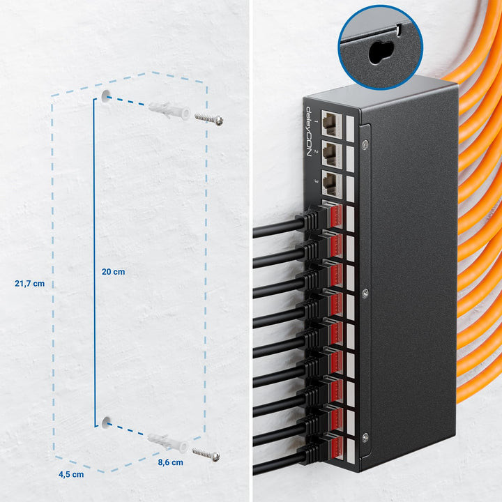 deleyCON 12 Port CAT7 Patchpanel Set mit 12x CAT.7 RJ45 Keystone Jack Modul STP 10 Gbit/s - Verteile
