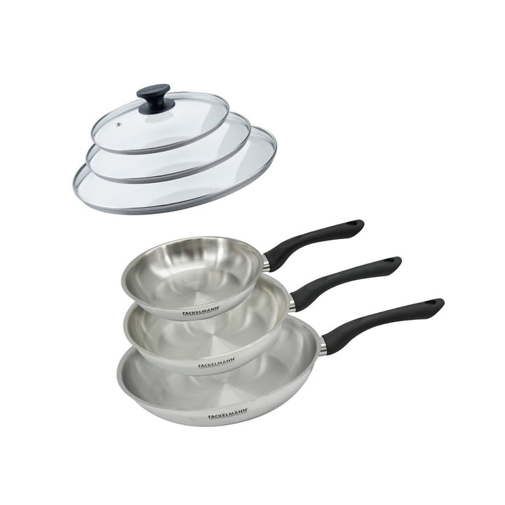 Fackelmann 9442150 Pfannenset 3 Pfannen 20 24 und 28 cm aus Edelstahl 18/8 und 3 Glasdeckel, Kochpfa