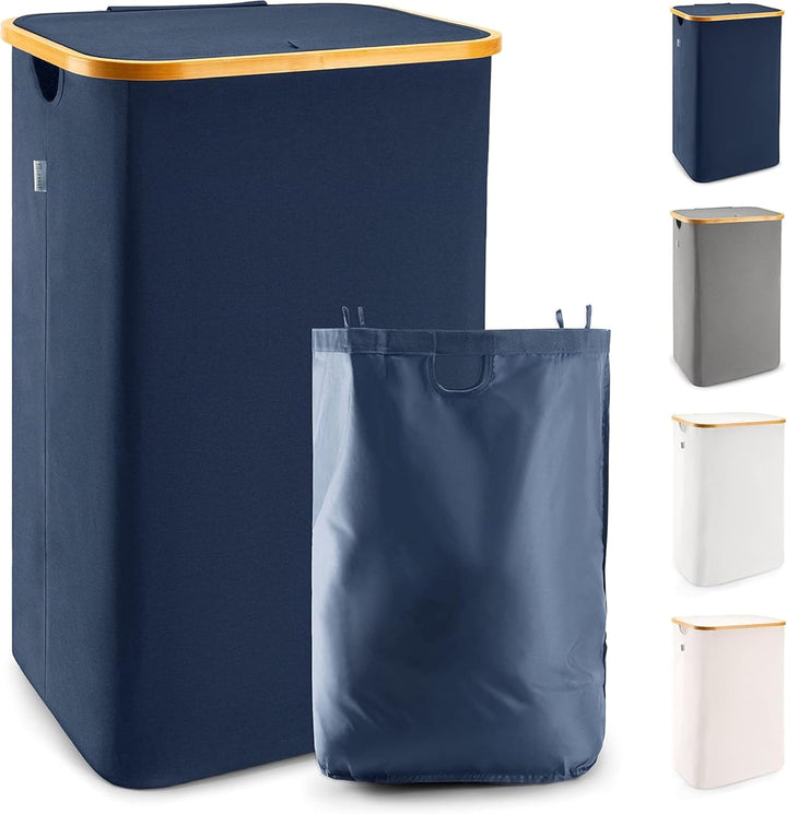 Lonbet - Wäschekorb mit Deckel Gross - XL 100 Liter - Wäschekorb Holz Bambus - Wäschesammler Blau mi
